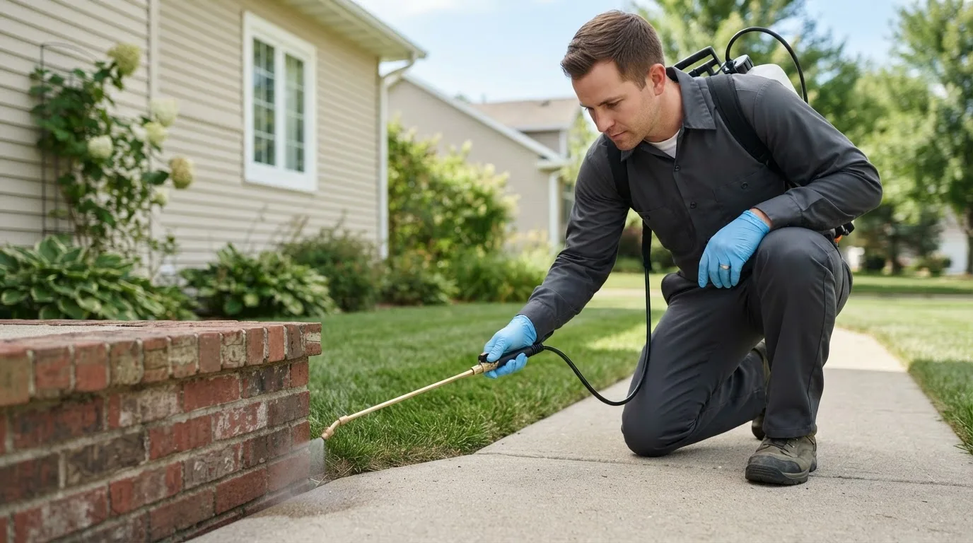Pest control technician treating a home near Allison, IA