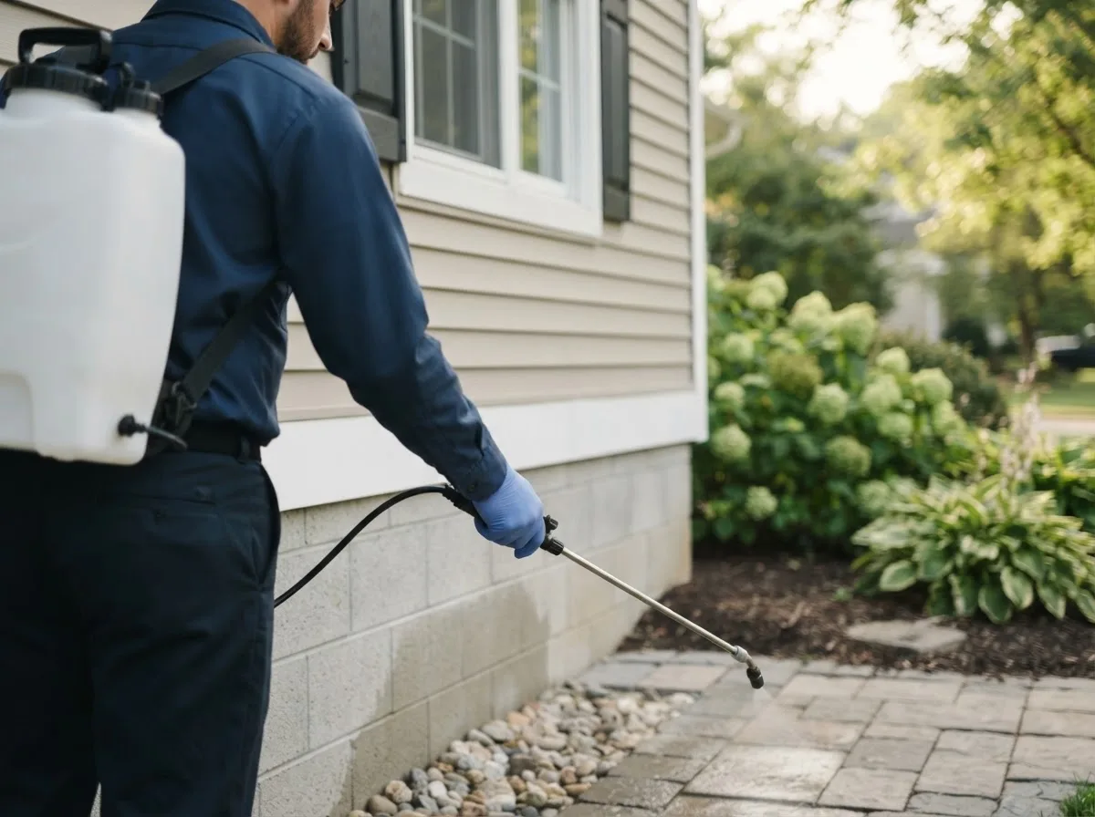 Pest control technician inspecting a home in Allison, IA